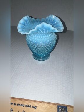 Fenton Blue Hobnail Glass Ruffled Vase